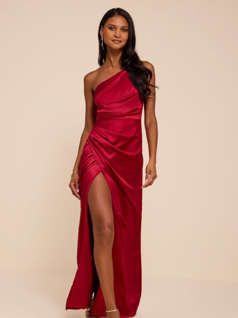 Lulus Dreaming Of Elegance Wine Red Satin One-shoulder Maxi Dress - Size M